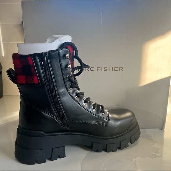 Marc Fisher Women’s Sz 9 Black Leather Buffalo Check Upper & Tongue Combat Boots - Picture 7 of 11